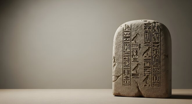 Intricate Carvings of Ancient Egyptian Hieroglyphs on Stone Tablet - Powered by Adobe