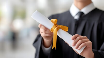 Close up of a student s hands presenting a graduation diploma scroll secured by a golden ribbon symbolizing academic accomplishment and the commencement of a future path