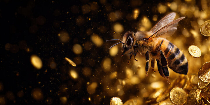 Bee flying with golden bitcoin coins and sparkling dust