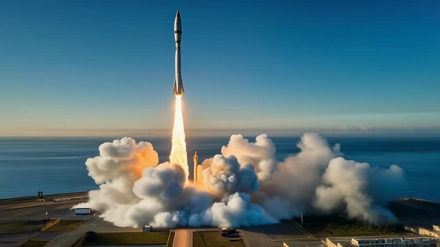 Stunning Rocket Launch Over Ocean at Sunrise, Captivating Space Exploration Moment