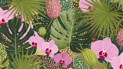 Fototapeta premium Tropical seamless pattern with pink orchids, monstera, and palm leaves, exotic floral background