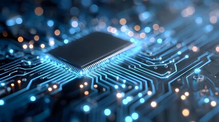 Fototapeta premium Detailed view of a central processing unit chip on a vibrant circuit board with illuminated pathways representing digital innovation high tech systems and interconnectedness