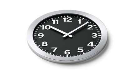 Clean minimalist analog clock featuring a silver metallic rim black dial with white Arabic numerals and white hour and minute hands indicating the time isolated on a white studio background