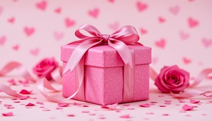 Fototapeta premium Delicate Pink Gift Box with Ribbons Surrounded by Heart Shapes and Roses on a Soft Background