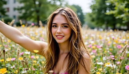 Young Woman Smiling in a Flower Field During a Sunny Day in a Public Park