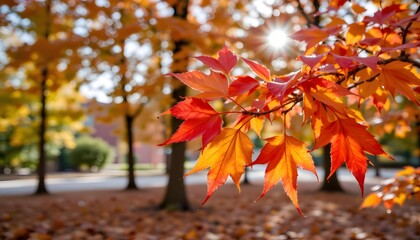 Vibrant Red and Orange Maple Leaves Illuminated by Sunlight in Autumn Park Setting