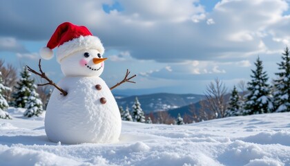 Cheerful Snowman with a Santa Hat in a Snowy Landscape Under Blue Sky and White Clouds