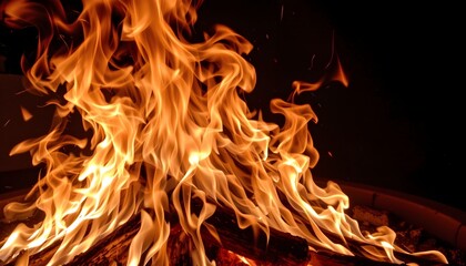 Dynamic Flames Dancing in a Campfire Creating Warm Ambiance at Night Outdoors