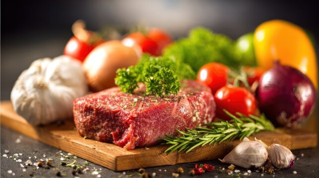 A raw steak with fresh herbs and vegetables on a wooden cutting board.