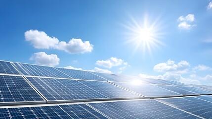 An array of modern solar panels generating renewable electricity bathed in the bright sunlight of a clear blue sky dotted with white clouds symbolizing clean technology and sustainability