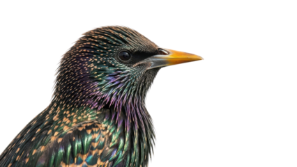 Close-up of European Starling bird with iridescent plumage and bright yellow beak isolated PNG with Transparent Background