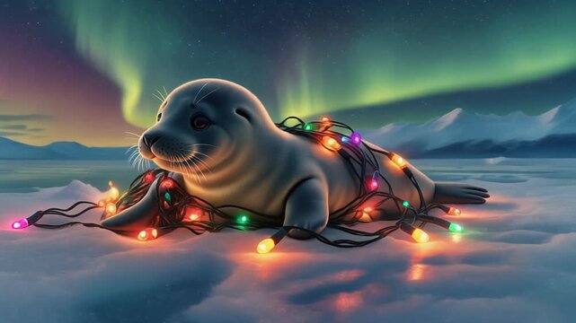 Animated video of a playful baby seal happily tangled in colorful Christmas lights, lying on an ice floe under a dramatic night sky with glowing Aurora Borealis (Northern Lights).