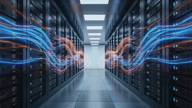 Futuristic Data Center with High-Speed Data Transfer, Modern Technology and Server Racks in a Digital Environment