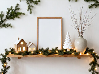 Minimal Christmas Frame Mockup with Green Garland and Cozy Shelf Decor