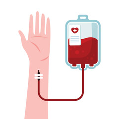 Blood bag with medical sign and hand arm vector illustration. Blood donation concept. Save life, World blood donor day, Blood donation vector illustration isolated on white background