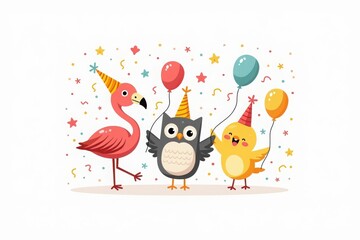 Vector style illustration of a group of friends including a flamingo, an owl, and a chick wearing party hats and holding balloons, isolated on white background.