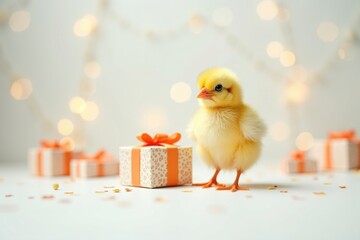 Adorable fluffy yellow baby chick standing next to small gift boxes on a bright white background, symbolizing a fresh start and new beginning for New Year 2026.
