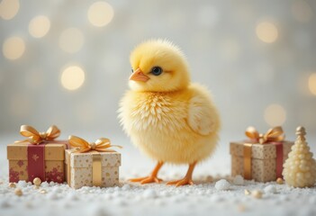 Adorable fluffy yellow baby chick standing next to small gift boxes on a bright white background, symbolizing a fresh start and new beginning for New Year 2026.