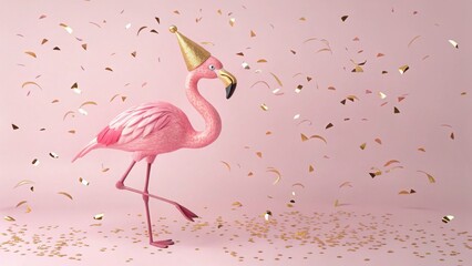 Minimalist pink flamingo wearing a golden party hat standing on one leg with falling confetti on a pastel pink background, concept for New Year 2026 celebration with copy space.
