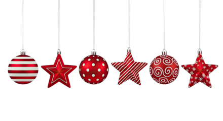 A row of red and white Christmas ornaments hanging from silver chains against a white background.