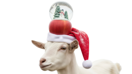 White Goat Wearing Santa Hat with Red Apple and Snow Globe Holiday Decoration isolated PNG with Transparent Background