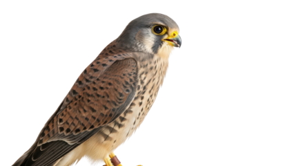 Common kestrel bird with spotted brown plumage perched isolated PNG with Transparent Background