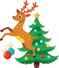 Fototapeta premium A cheerful reindeer playfully leaps beside a decorated christmas tree