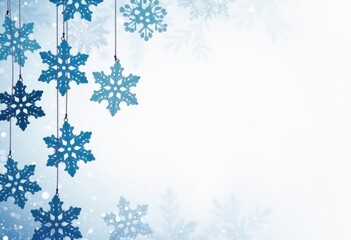 White winter or Christmas background with blue beautiful snowflakes, greeting card or poster template with space for text