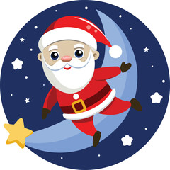 Santa claus happily riding a crescent moon among twinkling stars