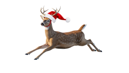 Isolated Christmas Reindeer Wearing Santa Hat and Red Nose Leaping isolated PNG with Transparent Background
