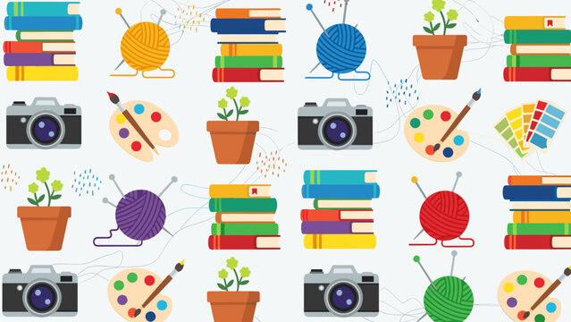 Creative hobbies and craft supplies pattern with books, yarn, cameras, plants, and art palettes