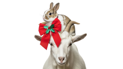 Cute Brown and White Rabbit sitting on a White Goat's Head with a Red Christmas Bow isolated PNG with Transparent Background