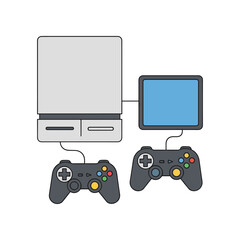 Classic video game console setup with two controllers and screen illustration.