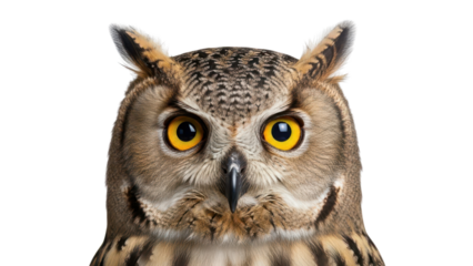 Close-up front view of a majestic Eurasian Eagle-Owl head with bright yellow eyes isolated PNG with Transparent Background
