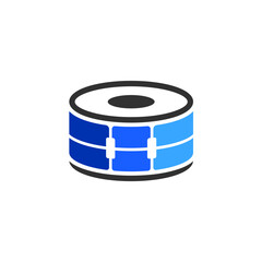 A stylized, minimalist illustration of a snare drum with blue accents on a white background.