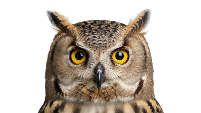 Close-up front view of a majestic Eurasian Eagle-Owl head with bright yellow eyes isolated PNG with Transparent Background