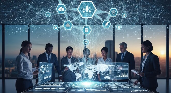 Dynamic team collaborating on innovative tech solutions with interactive holographic display in modern office for data driven strategies and global business expansion - Powered by Adobe