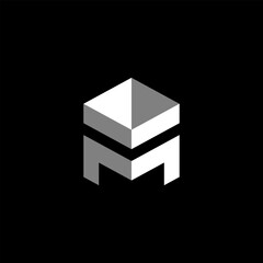 A minimalist geometric logo design featuring a stylized cube with a dark gray and white color scheme.
