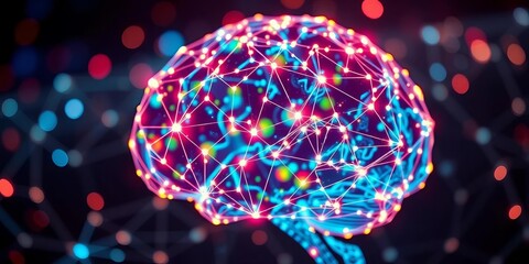 Abstract glowing network nodes forming a brain shape,  electric,  technology background