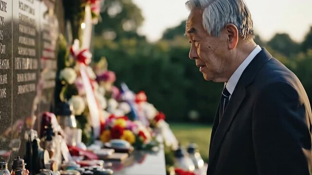 Senior Man Paying Respects at Memorial Wall Tribute Service