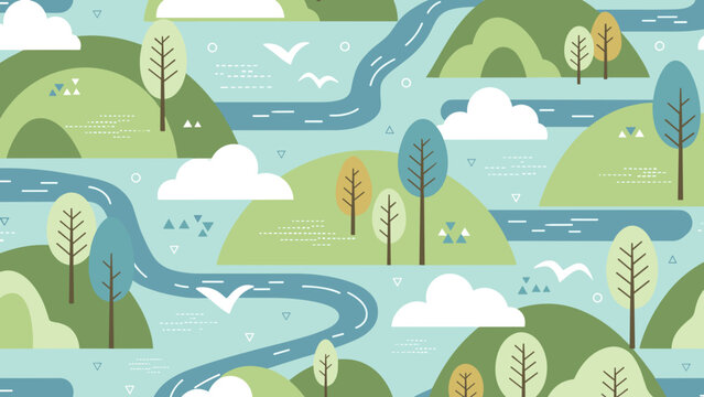 Seamless pattern of rolling green hills, winding blue river, and stylized trees under a light blue sky with clouds and birds, nature landscape background