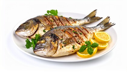 Freshly grilled mediterranean fish platter on white background