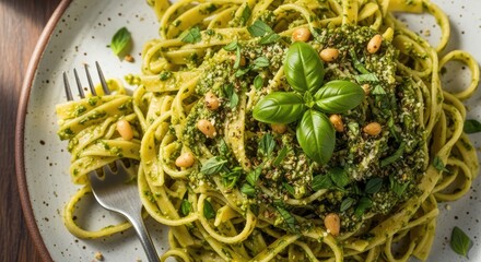 Indulge in vibrant pesto pasta, a culinary delight ready to brighten menus, blogs, and social media with its fresh, flavorful appeal and inviting presentation