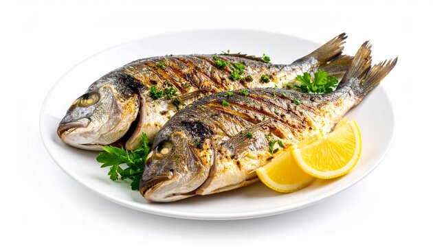 Roasted dorade fish served with lemon and herbs