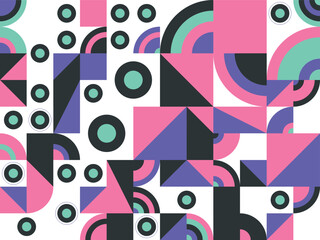 Vibrant Retro Geometric Pattern: Abstract Art with Circles, Squares, and Bold Color Blocks

