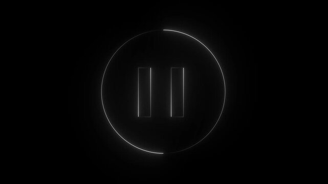 Glowing light neon media player pause icon animation sign symbol on black background .4k video animation .