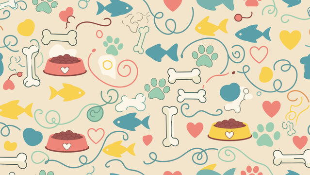 Seamless pattern with dog and cat elements bones, fish, paw prints, and food bowls on a beige background