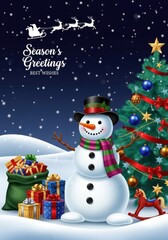 Fototapeta premium Season’s Greetings Winter Night Scene with Snowman, Christmas Tree and Gift Boxes