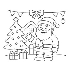 Coloring page of cheerful Santa waving and smiling, surrounded by Christmas ornaments, simple bold outlines, festive holiday illustration for kids activities.
