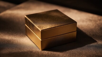 A captivating golden box sits on a textured surface, catching the light.